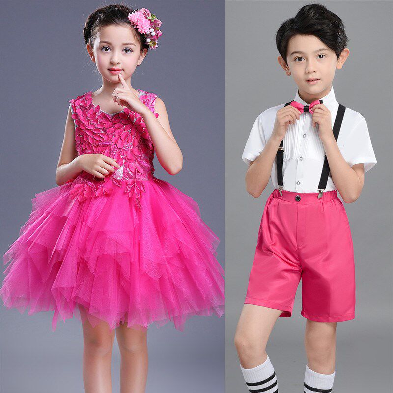 六一儿童演出服蓬蓬纱裙女幼儿园亮片舞蹈表演服玫红色紫色公主裙