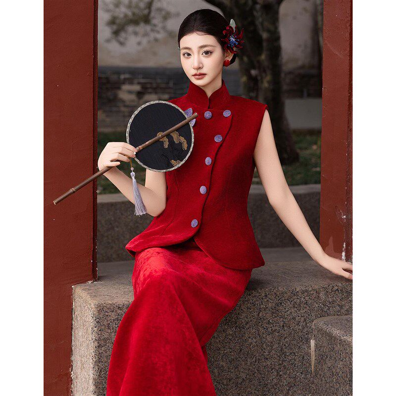 无袖新中式红色套装订婚礼服裙女敬酒服新娘结婚旗袍晨袍回门便装