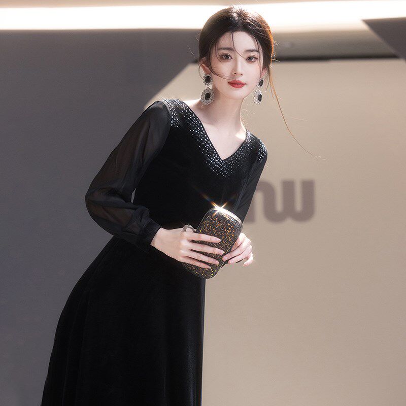 黑色指挥大合唱团演出晚礼服装女长裙艺考主持钢琴演奏朗诵独唱服