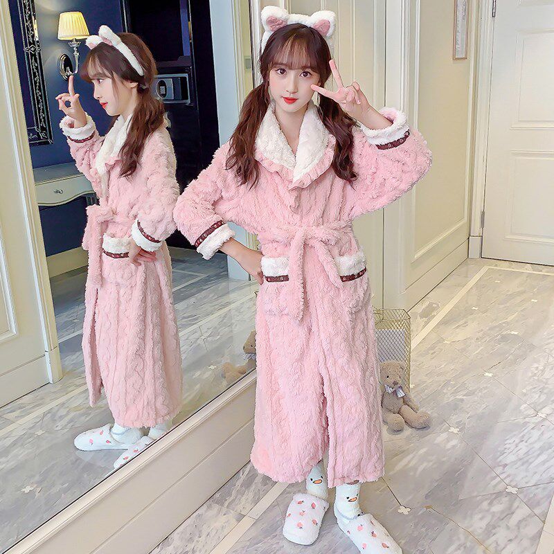 女童珊瑚绒睡袍秋冬季加厚款儿童法兰绒家居服女孩中大童浴袍套装