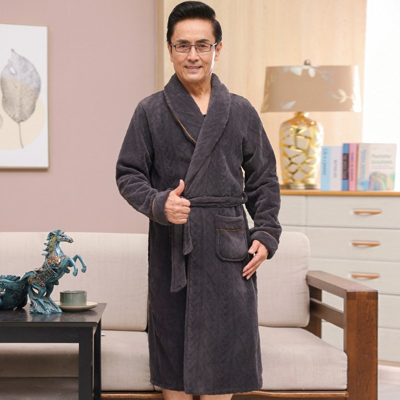 睡袍男士中年爸爸睡衣秋冬季加厚加绒中长款珊瑚绒家居服冬天保暖