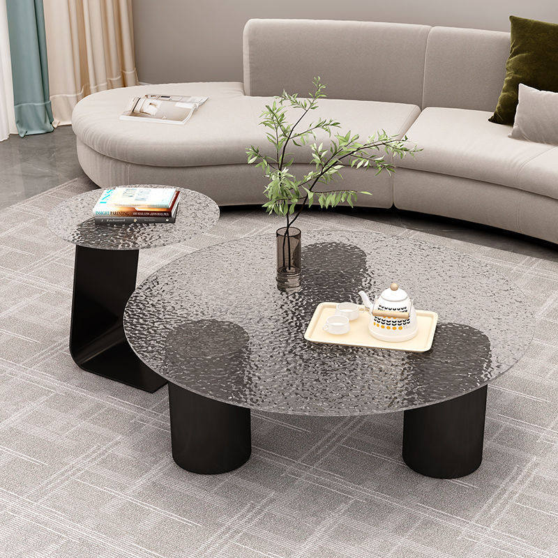 客厅家用茶几小户型网红组合玻璃岩板圆形卧室茶几现代简约木骨架