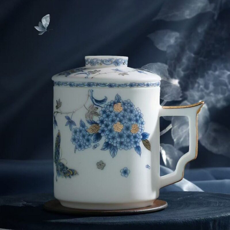办公杯冰种素烧茶水分离杯陶瓷茶杯商务国潮泡茶杯茶水杯高端套装