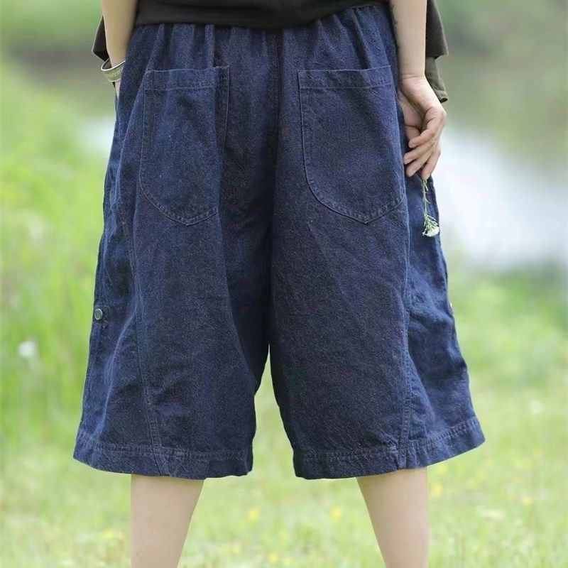 颜年2336 深蓝色牛仔短裤女夏款宽松大码胖mm显瘦百搭直筒五分裤