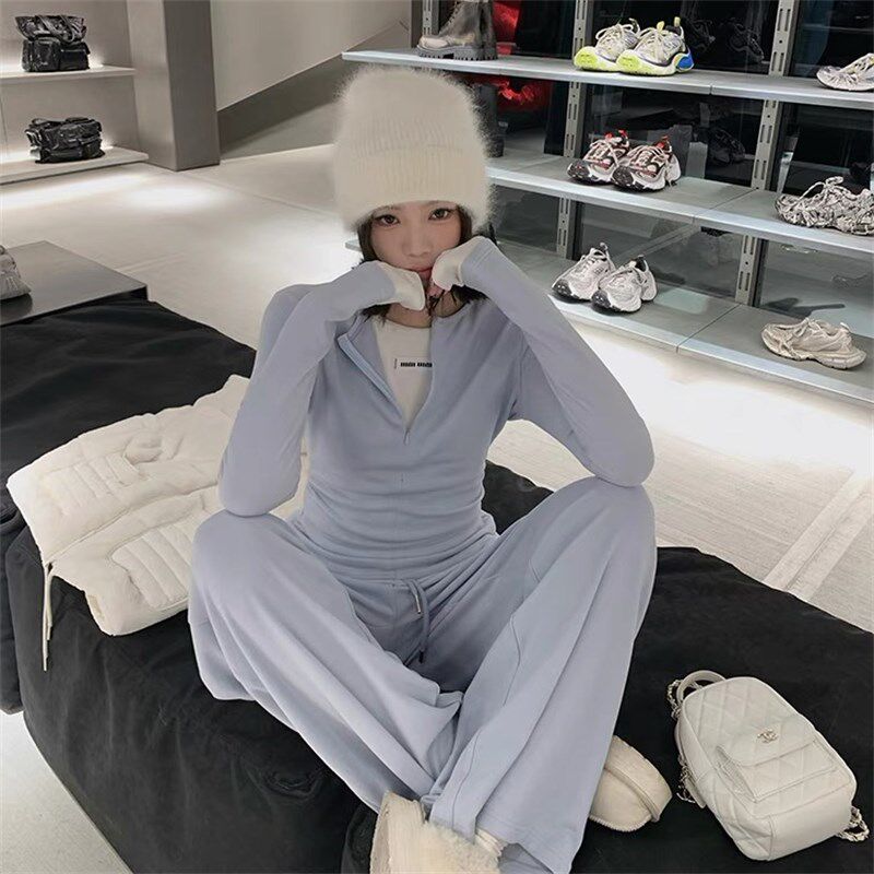 纸片人套装女秋冬半拉链假两件长袖打底衫+松紧高腰休闲裤两件套