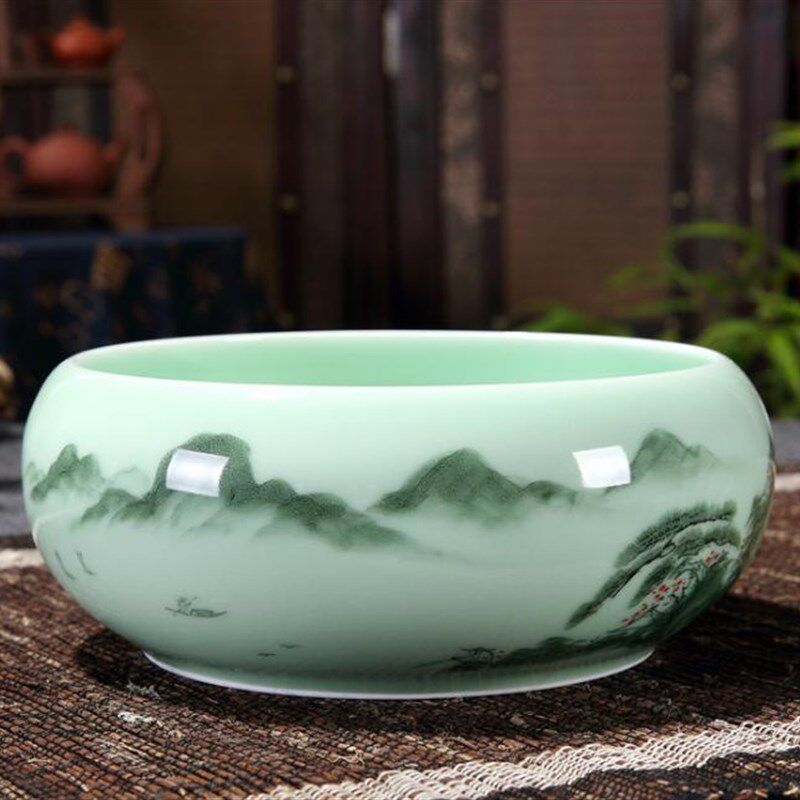 手绘青瓷烟灰缸大号 家用客厅新中式轻奢笔洗 茶台茶渣废水缸茶洗