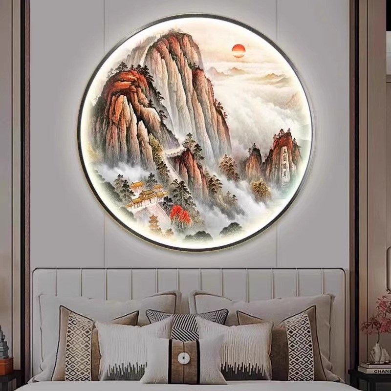 带灯鸿运当头茶室玄关装饰画灯光画新中式客厅壁灯办公室山水挂画