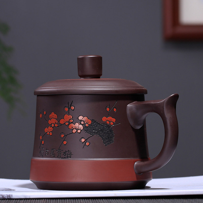 宜兴紫砂杯男士大容量茶杯原矿紫泥纯手工泥绘梅花盖杯紫砂个人杯