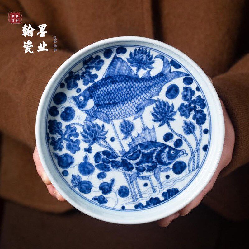 景德镇陶瓷仿古泥青花鱼藻纹壶承单个干泡台茶托壶盘家用茶具果盘
