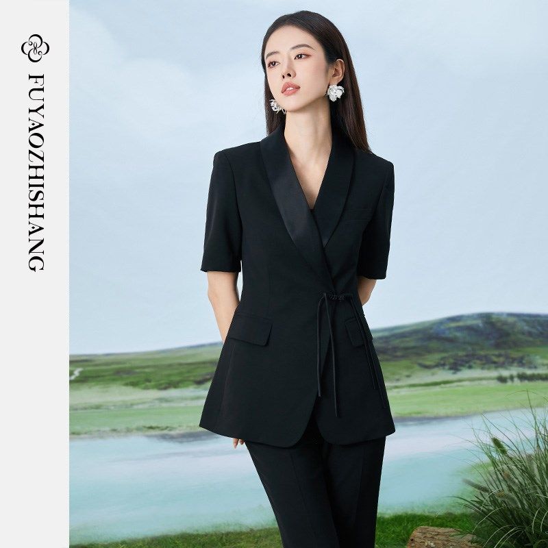 FUYAO扶摇 黑色西装套装女夏季薄款工作服中式收腰盘扣西服两件套