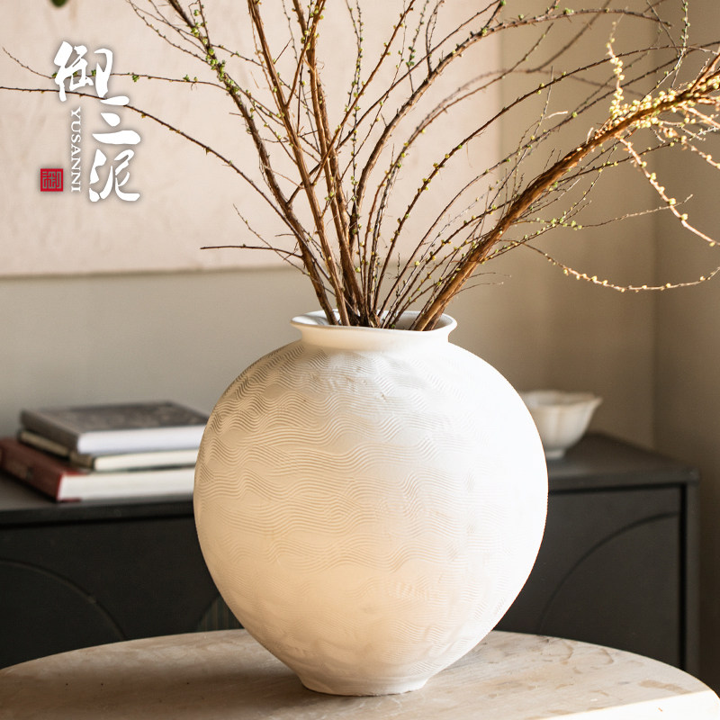 手工拉丝侘寂风粗陶花瓶白色月亮罐插干花摆件客厅可水养鲜花花器