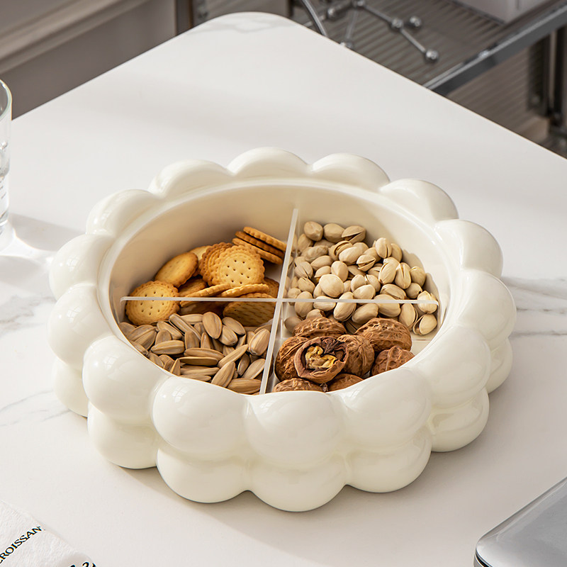 奶油风陶瓷水果盘套装客厅家用干果盘零食糖果收纳盒轻奢分格带盖