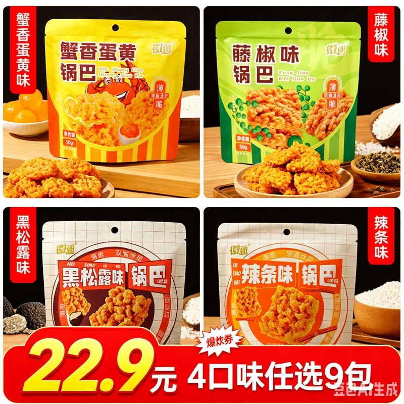 徽趣糯米锅巴50g/袋藤椒蟹黄辣条网红爆款休闲零食小吃解馋下午茶