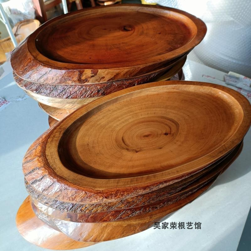 香樟木整块实木茶具托盘 功夫茶配件 天然树皮圆形 七头茶具托盘