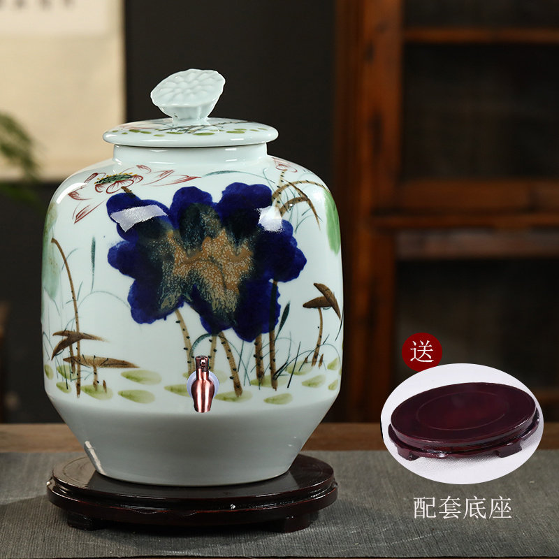景德镇陶瓷手绘水缸10/30/50斤装家用纯净水桶泡茶储酒油罐密封盖