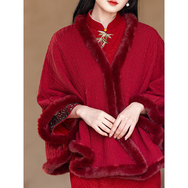 红色披肩搭配旗袍女外搭秋冬敬酒服新娘结婚订婚礼服外套百搭斗篷