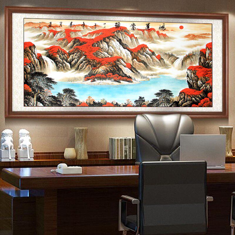 国画山水画鸿运当头装饰画客厅酒店办公司挂画带框招财画沙发壁画