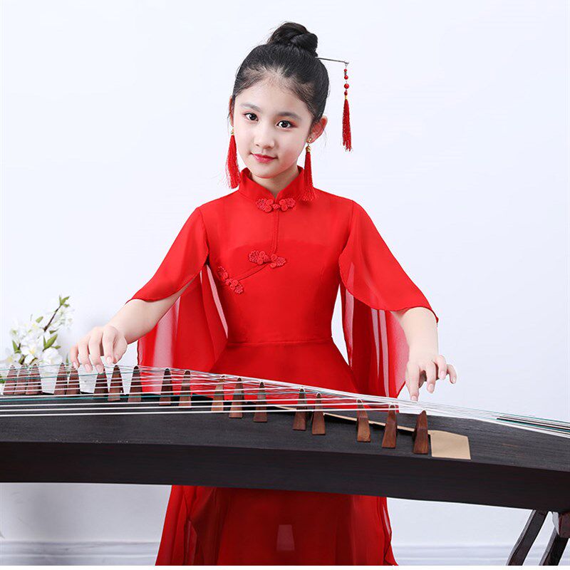 儿童古筝演出服女中大童仙女气质飘逸中国风钢琴二胡表演服装长裙