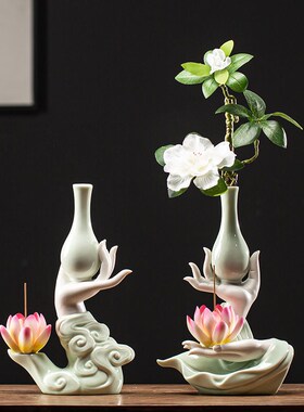 陶瓷佛手花瓶花插摆件家用线香插禅意莲花家居室内博古架装饰摆设