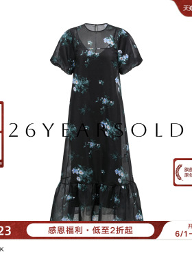 【特价福利】26YEARS OLD淑女风黑色碎花连衣裙女短袖V领收腰显瘦