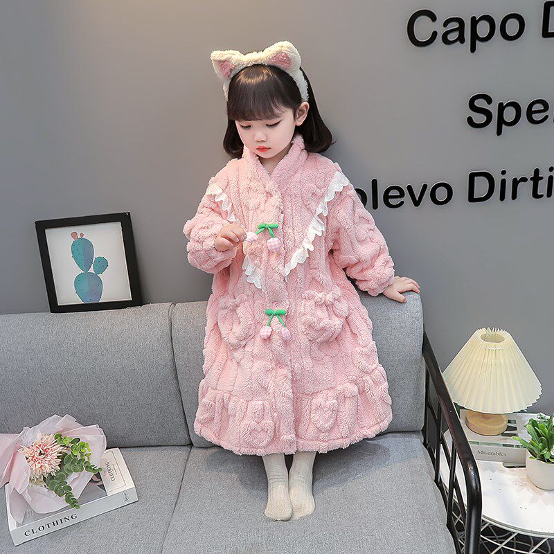 儿童睡衣秋冬珊瑚绒女童甜美睡袍加厚长款公主法兰绒浴袍冬季女孩