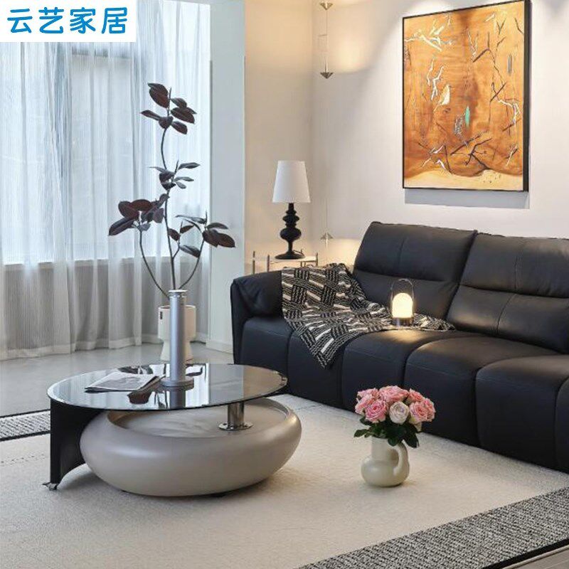 云艺奶油风旋转茶几客厅家用小户型创意圆形玻璃精致小圆茶几