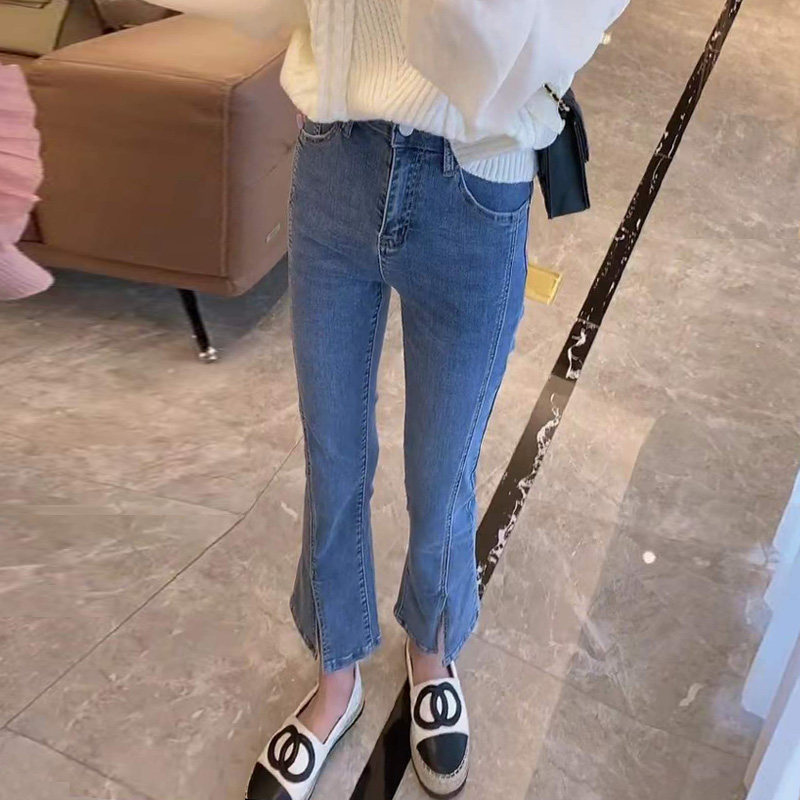 春季女装2022新款大码高腰开叉直筒牛仔裤女显瘦梨形身材裤子女潮