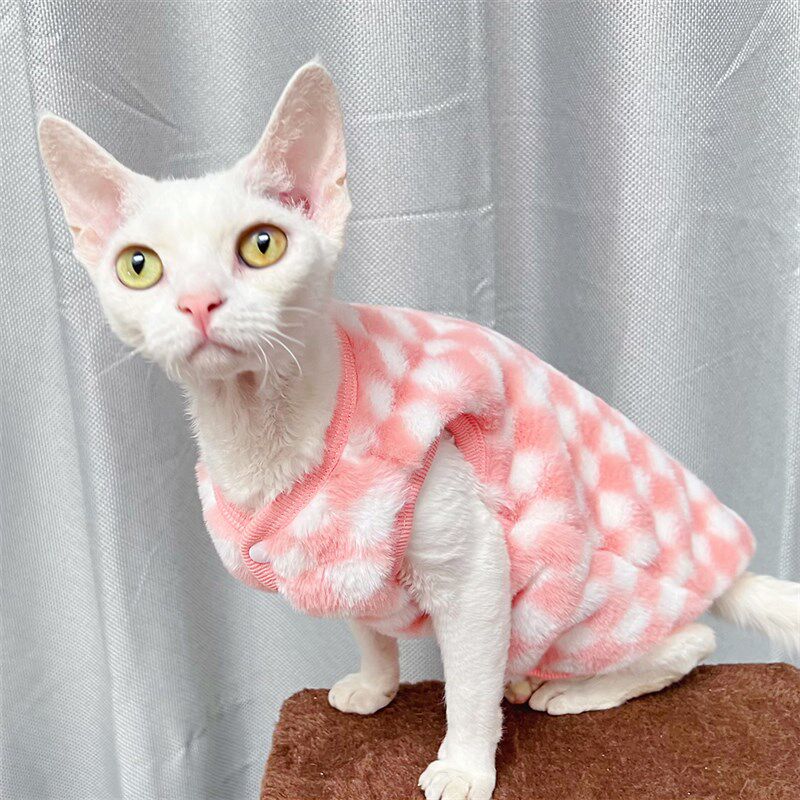 斯芬克斯无毛猫德文衣服家居服马甲矮脚背心粉色兔毛加绒加厚秋冬