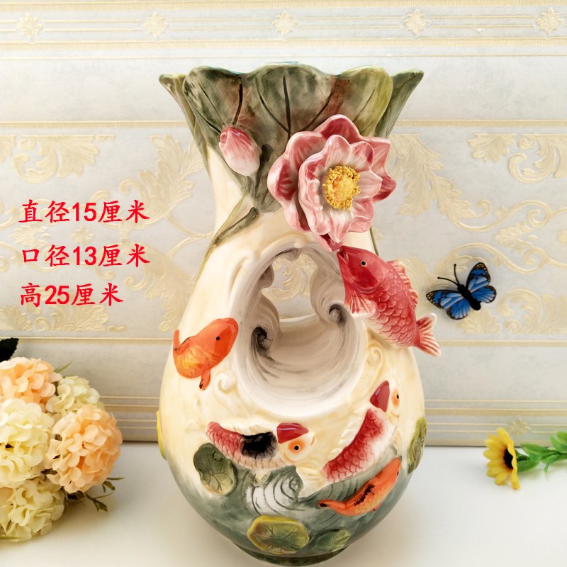 包邮纯手绘陶瓷鲤鱼大花瓶欧式家居摆设茶几电视柜摆件酒柜干花器