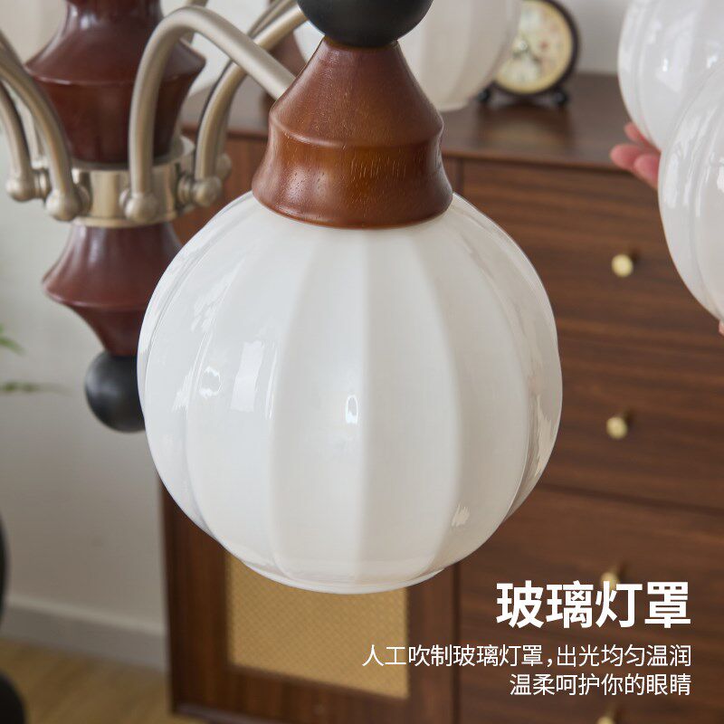 铭琢灯饰中古风客厅灯吊灯护眼玻璃餐厅卧室灯具高档原木风胡桃木