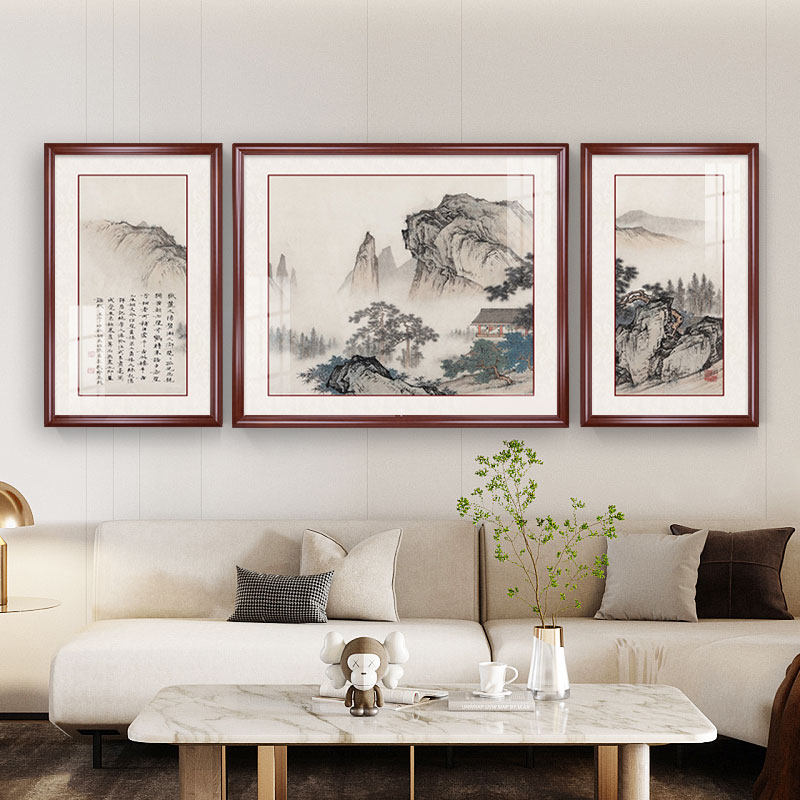 国画山水画客厅装饰画沙发背景墙三联挂画中式大气招财办公室壁画