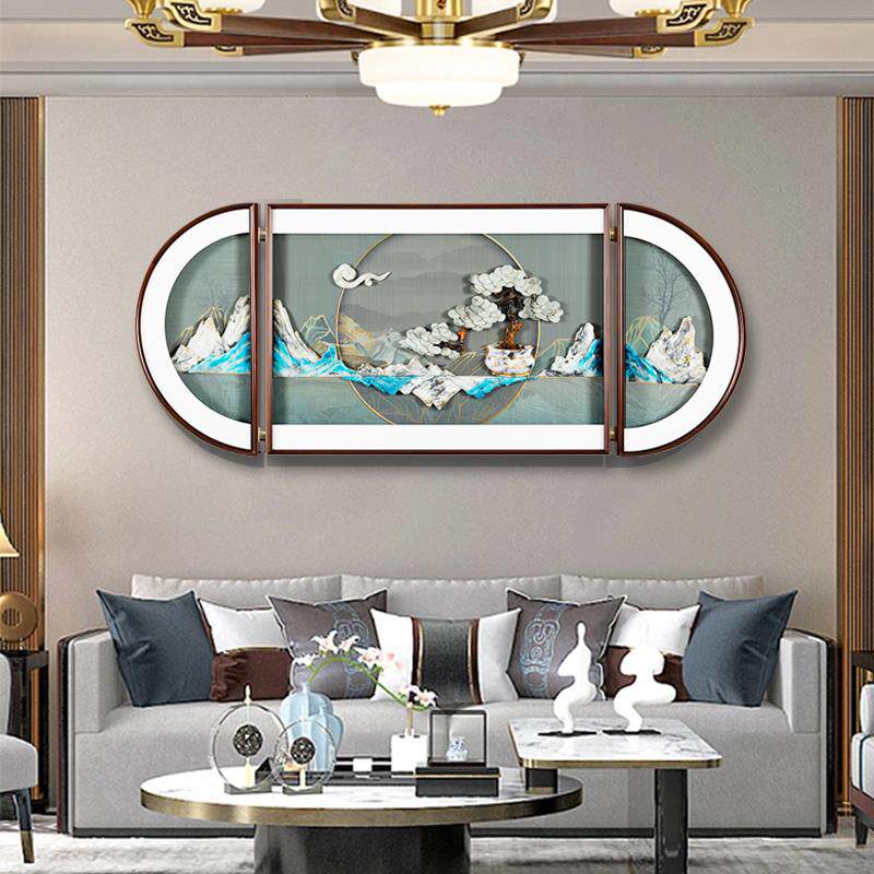新中式客厅沙发背景墙装饰画大气3D立体画LED灯浮雕玉石三联挂画