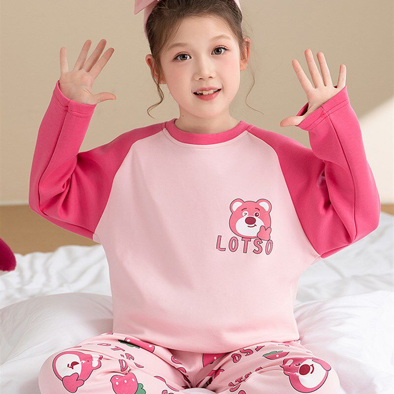 2024春秋季纯棉儿童女孩睡衣长袖中大童女童草莓熊秋款家居服套装