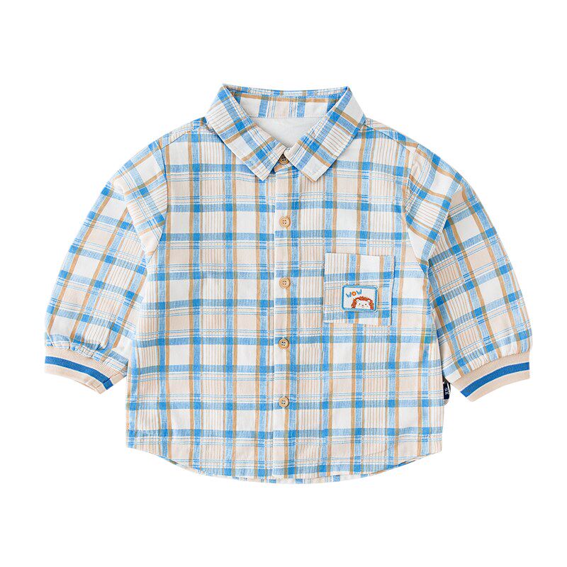 英格贝贝男童衬衣2024新款秋装外套宝宝双层纯棉开衫儿童格子衬衫