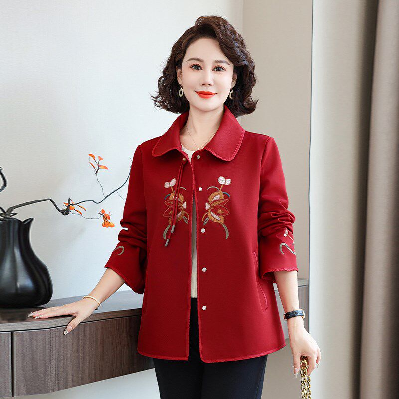 妈妈秋装外套2024新款短款绣花风衣洋气中老年春秋大码夹克上衣女