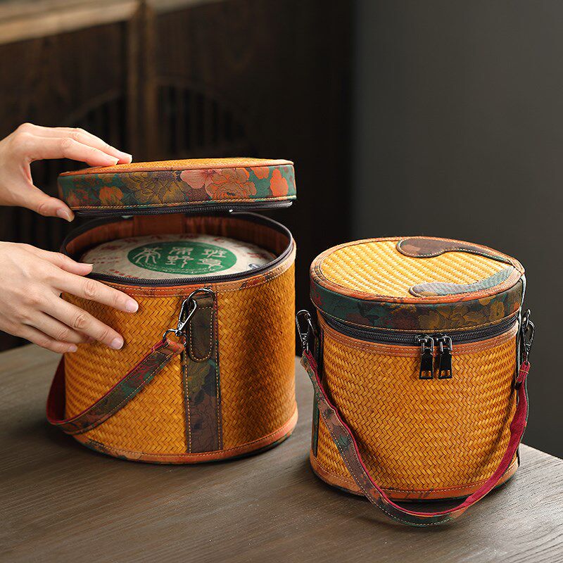 竹编手提篮普洱茶七子饼篮圆形竹编茶叶罐茶叶收纳盒提篮包装礼盒
