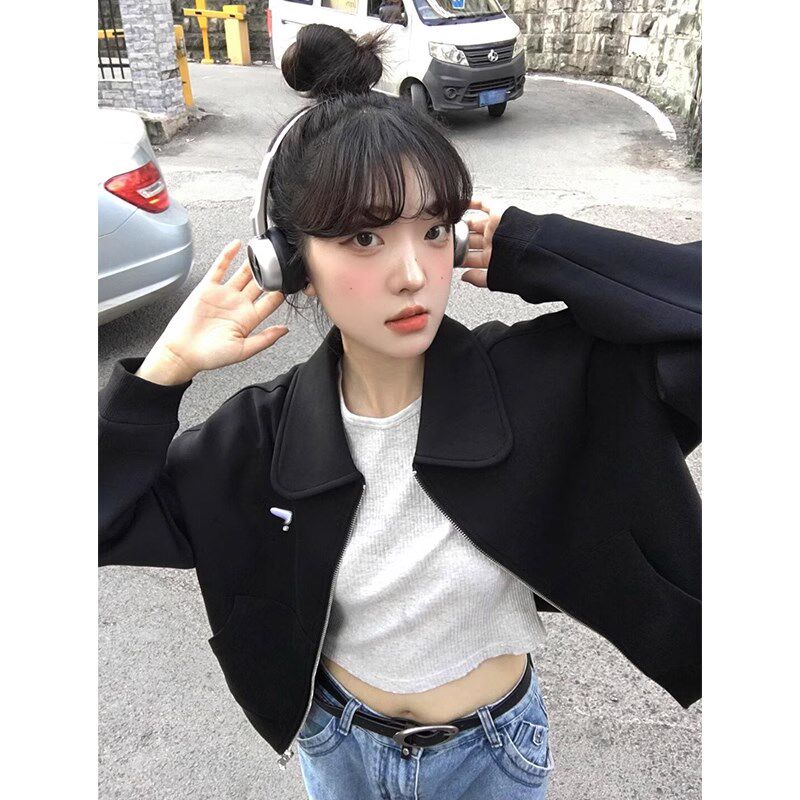 黑色方领短款卫衣外套女春秋2024新款宽松小个子拉链开衫夹克上衣