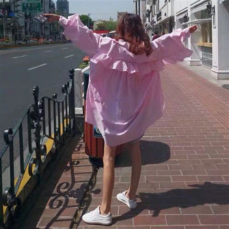 韩国东大门初春踏青浪漫甜美樱花粉显瘦背后木耳边透气衬衫连衣裙
