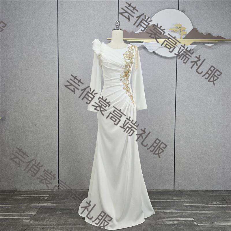 2025新款亮黄色修身鱼气质礼服长裙宴会裙敬酒裙走秀年会主持人长
