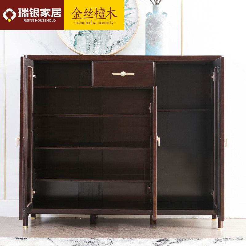瑞银新中式实木鞋柜家用门口玄关柜大容量三门檀木进门收纳门厅柜