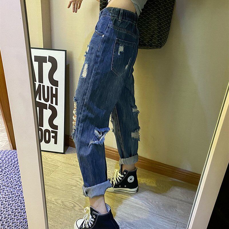 前后大破洞阔腿蓝色牛仔裤女夏薄款2025高腰显瘦乞丐直筒裤小个子