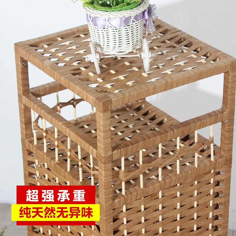 藤编简易角几床头收纳柜多功能带拉门电话台置物架小书架花盆架子
