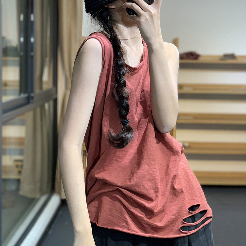 古与色 春夏文艺个性破洞小背心宽松吊带百搭纯棉无袖打底衫T恤女