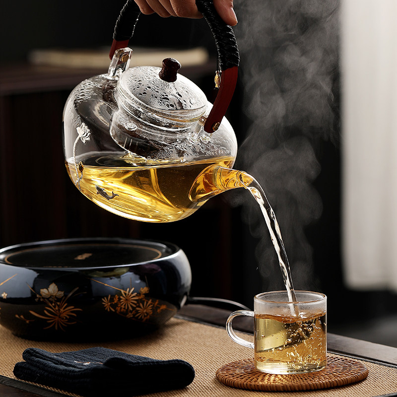蒸煮茶壶玻璃纯手工镶银泡茶壶电陶炉煮茶器茶具套装家用烧水壶