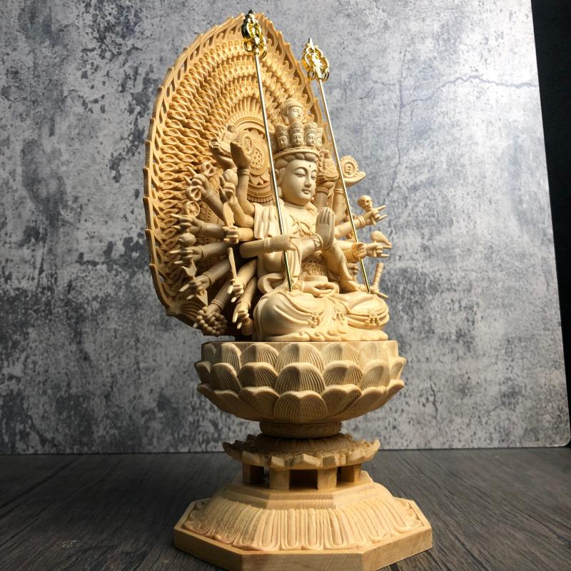 桧木精雕千眼千臂观世音菩萨实木家居寺庙供奉保平安千手观音摆件