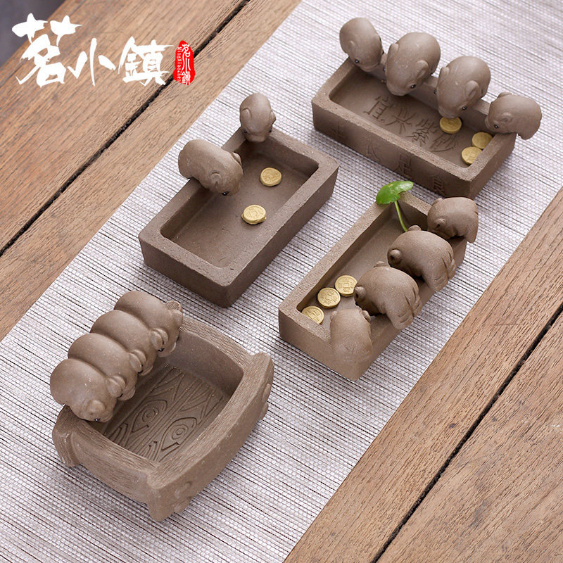 茶宠摆件紫砂猪可养四只小猪喝水功夫茶台段泥丰衣足食宜兴茶玩图片