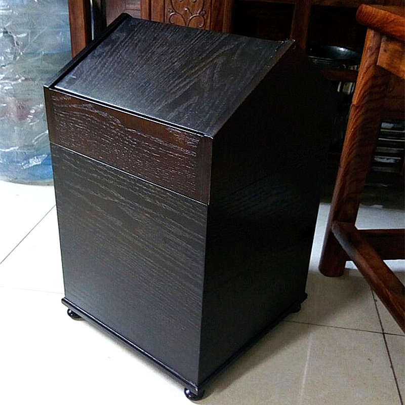 仿古木制家用客厅垃圾桶新中式摇盖式办公室酒店收纳创意双桶设计