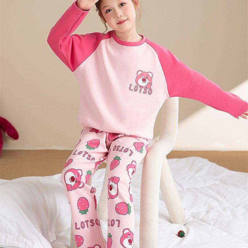 2024春秋季纯棉儿童女孩睡衣长袖中大童女童草莓熊秋款家居服套装