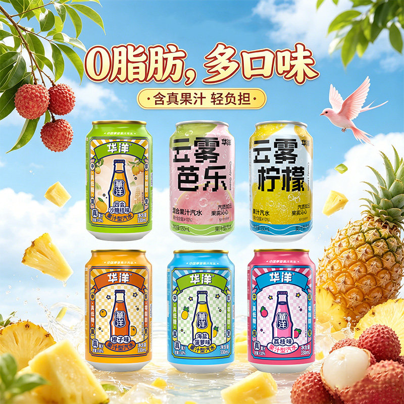 华洋果汁汽水330ml罐装整箱橙味荔枝味沙糖桔味多口味碳酸饮料2