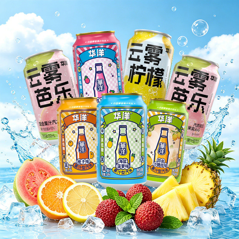 华洋汽水云雾芭乐味330ml罐装整箱批发果味碳酸饮料餐饮店用10